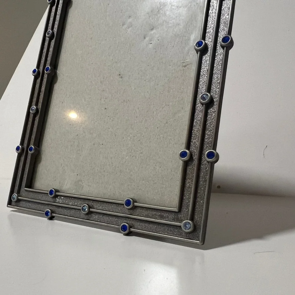 Elsa L Inc Pewter Bejeweled Picture Frame Blue Crystals Textured Metal 4x6